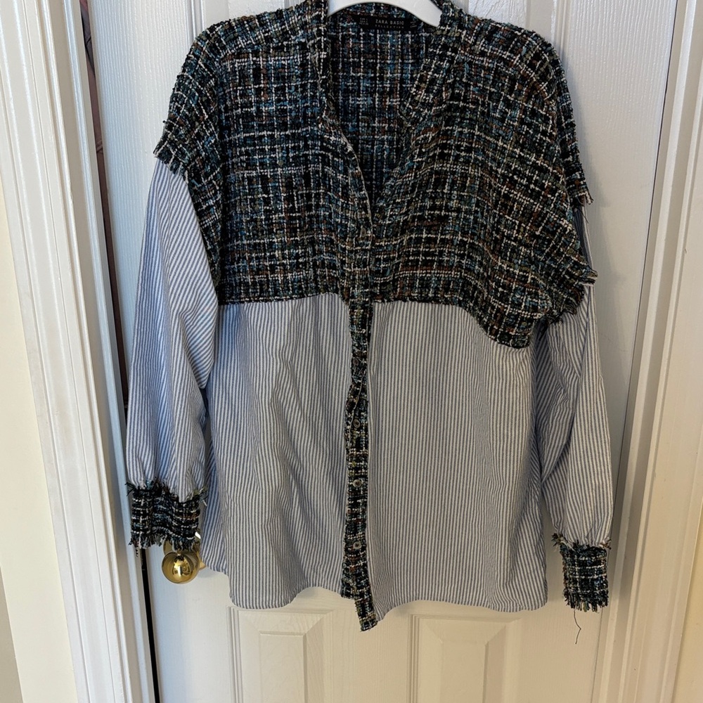 Zara Tweed Textured Button Down shirt in Black and Blue